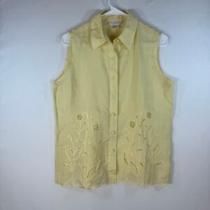 Le Gala Women 100 Linen Sleeveless Button Down Shirt Yellow Floral Embroidered M